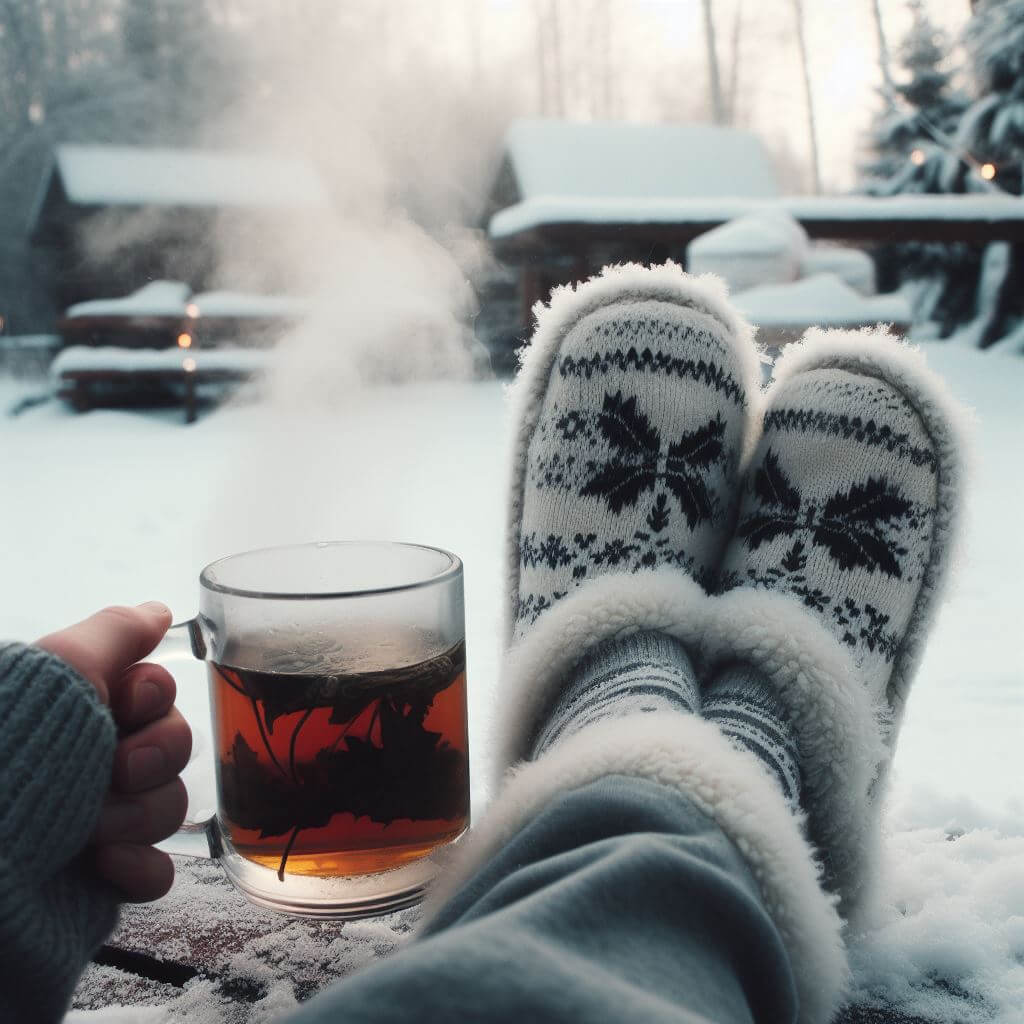 person enjoying winter with hot tea